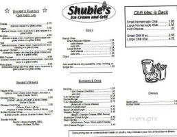 Shubie's Ice Cream Grill menu