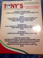 Tony's Pizza Pasta menu