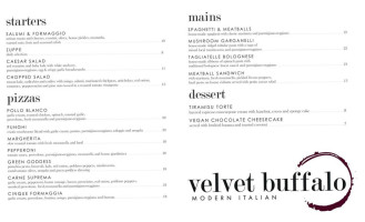 Velvet Buffalo Modern Italian menu