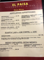 El Paisa Colombian menu