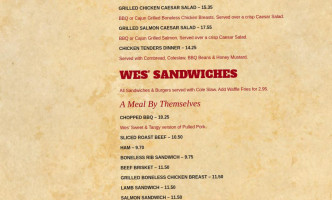 Wes' Rib House menu