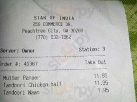 Star Of India menu