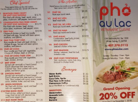 Pho Au Lac menu