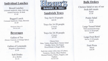 B G Catering Henry's Bakery Deli menu