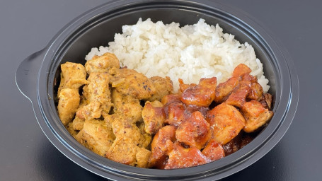 Chipotle Chicken And Bbq Chicken Plate With Egg Fried Rice