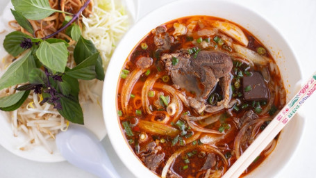 Bun Bo Hue Spicy Soup With Noodles, Pork Hock, Sliced Beef Shank, Pork Blood