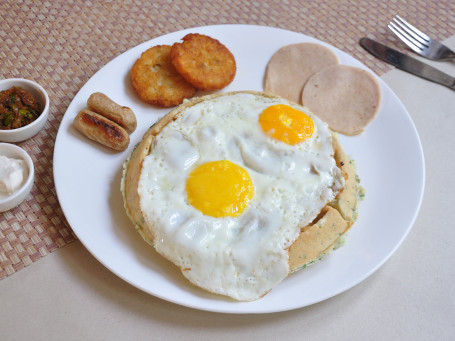 Savoury Waffle With Fried Eggs Sausages