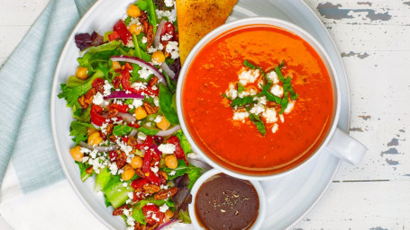 Tomato Basil Soup With Mediterranean Salad