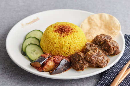 Nasi Kunyit With Beef Rendang And Sambal Eggplants