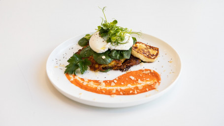 Sweet Potato Zucchini Fritters, Poached Eggs Halloumi Gf V