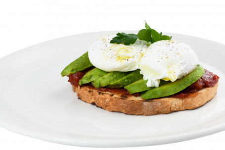 Poached Eggs, Avocado And Chilli Jam With Toasted Sourdough (V