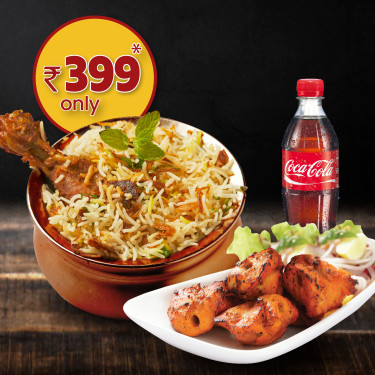 Meal For 1:Royal Chicken Dum Biryani Half Chicken Tikka Kebab 1 Coke