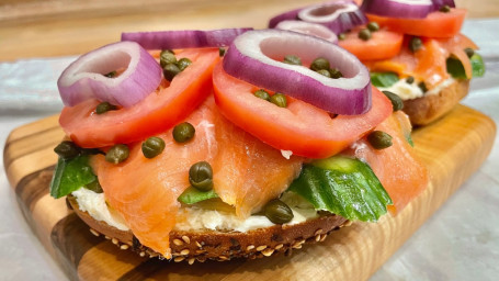 Toasted Bagel With Cream Cheese, Lox Capers