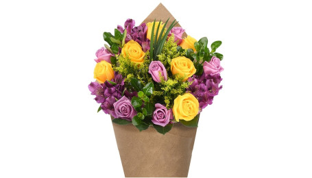 Premium Dozen Rose Bouquet Lavender Yellow Alstromeria