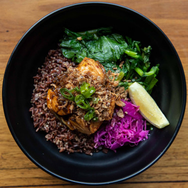 Seared Atlantic Salmon, Organic Red Rice Quinoa And Asian Greens [Gf]