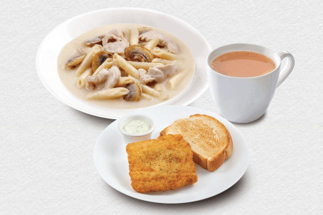 Mó Gū Nèn Jī Jì Lián Zhǎng Tōng Fěn． Pèi Shí Pǐn、 Duō Shì、 Chá Fēi Chicken W Penne In Mushroom And Cream Soup． W Food． W Toast． W Tea Or Coffee