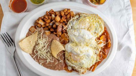 Chilaquiles W/Egg, Beans Potatoes