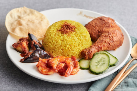 R24 Special Nasi Kunyit With Fried Chicken, Sambal Prawns And Sambal Eggplants